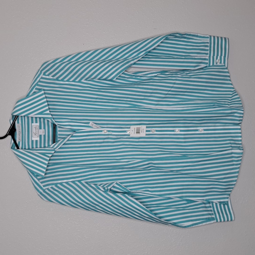 Foxcroft Wrinkle Free Shirt Button-down Long Sleeve Sz Small Stripe Turquoise